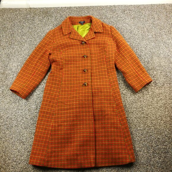 Burberry London Coat Tweed Wool Houndstooth Checked Red Green Long Womens Small - Picture 1 of 14
